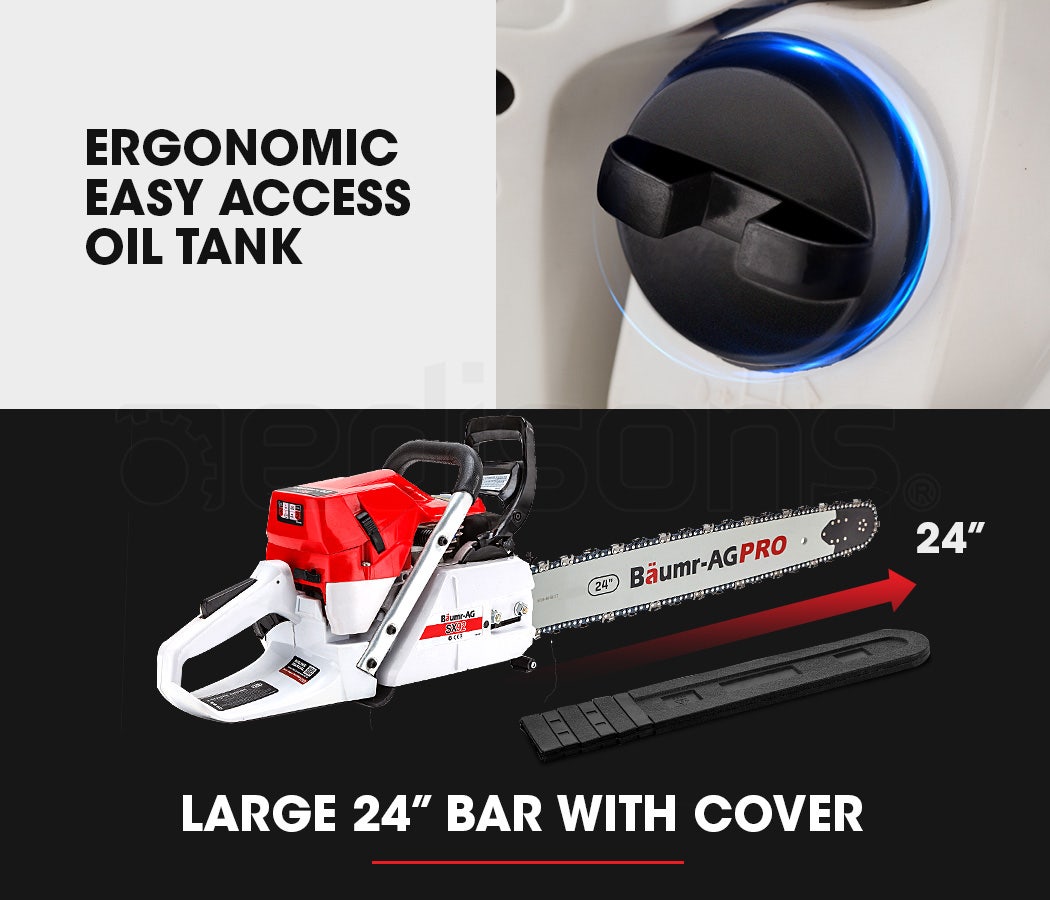 Petrol chainsaw with 24 in bar and top handle, red and white body.