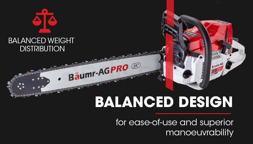 Petrol chainsaw showing side view of 24 in bar and chain, red and white.