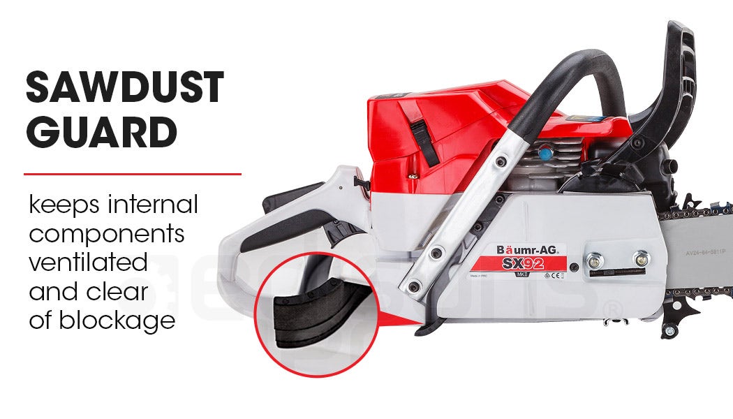Petrol chainsaw with black hand guard and bar, red engine housing.
