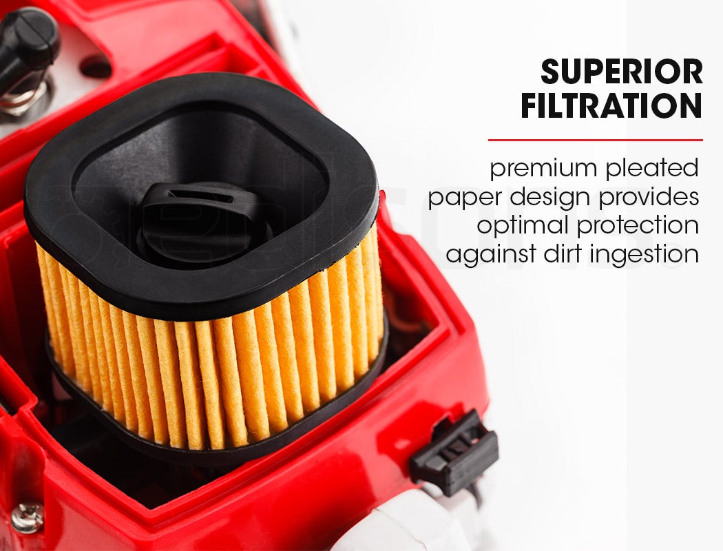 Petrol chainsaw air filter cover with pleated paper element, red housing.