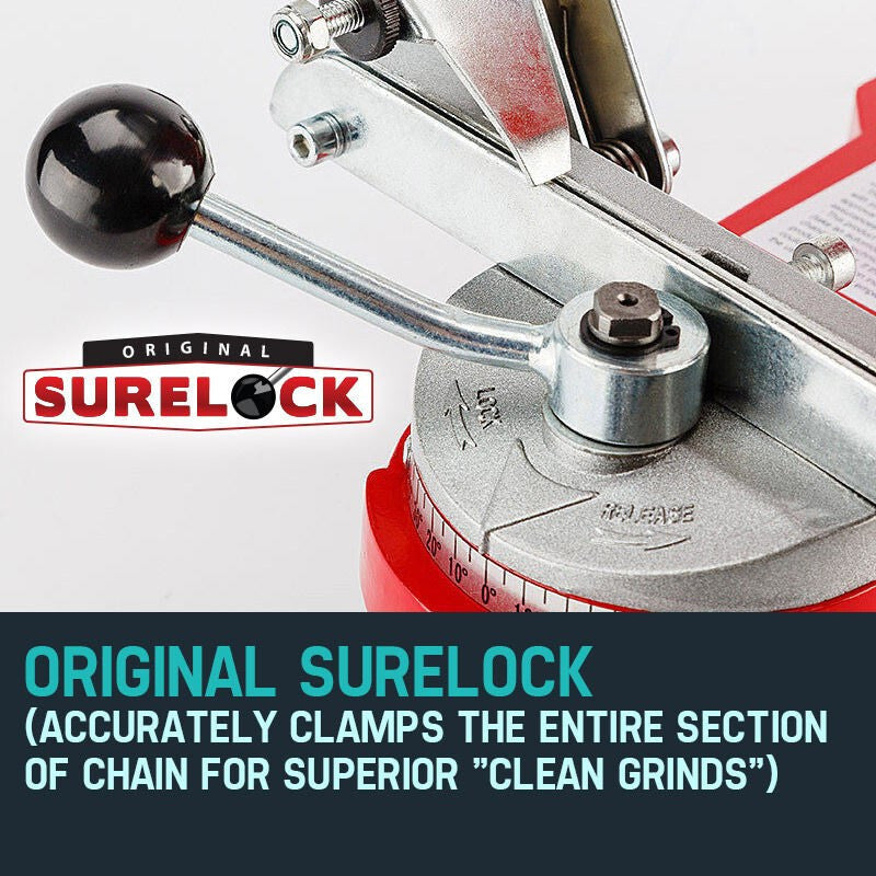 Chain clamp sharpener mechanism close-up with silver bar and red base