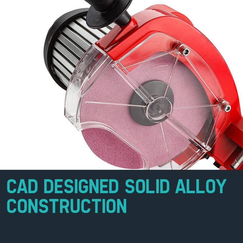 Red electric chain saw sharpener with transparent guard and circular grinding wheel