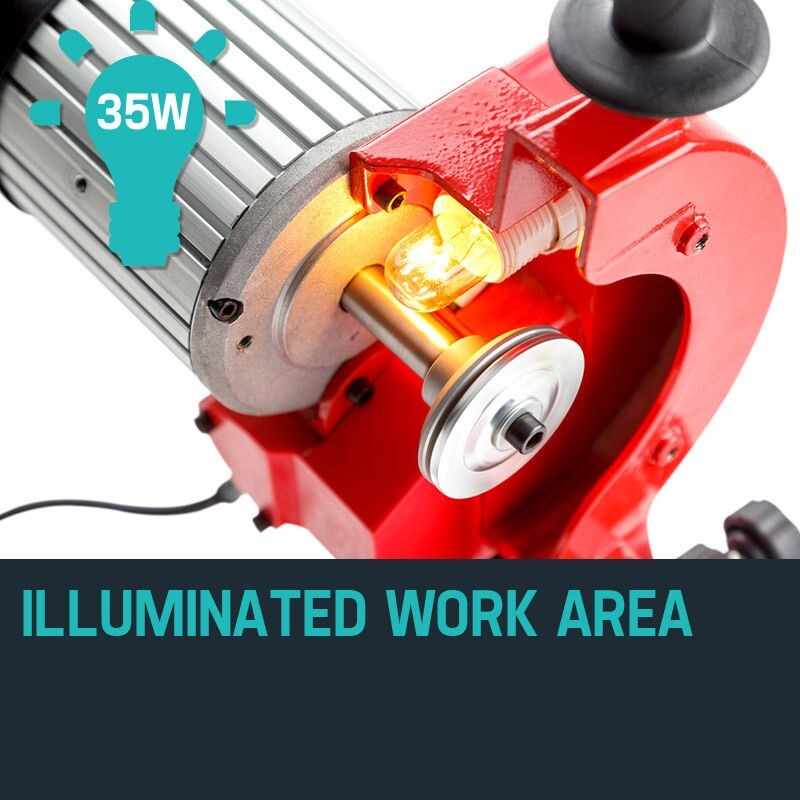 Electric chain sharpener with illuminated work area and orange grinding element near wheel