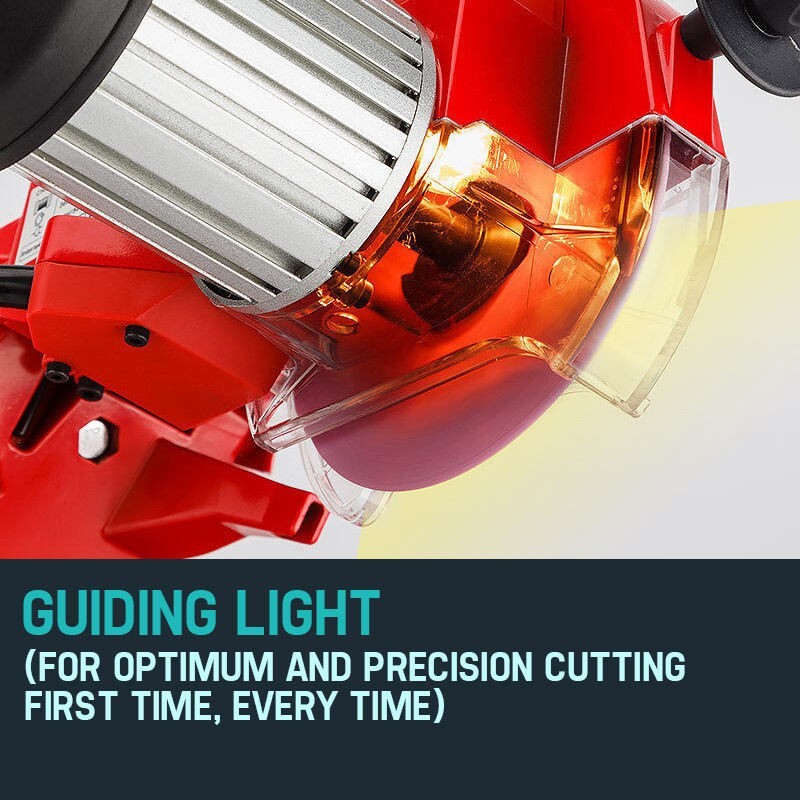 Electric chain saw sharpener showing bright cutting light around grinding wheel