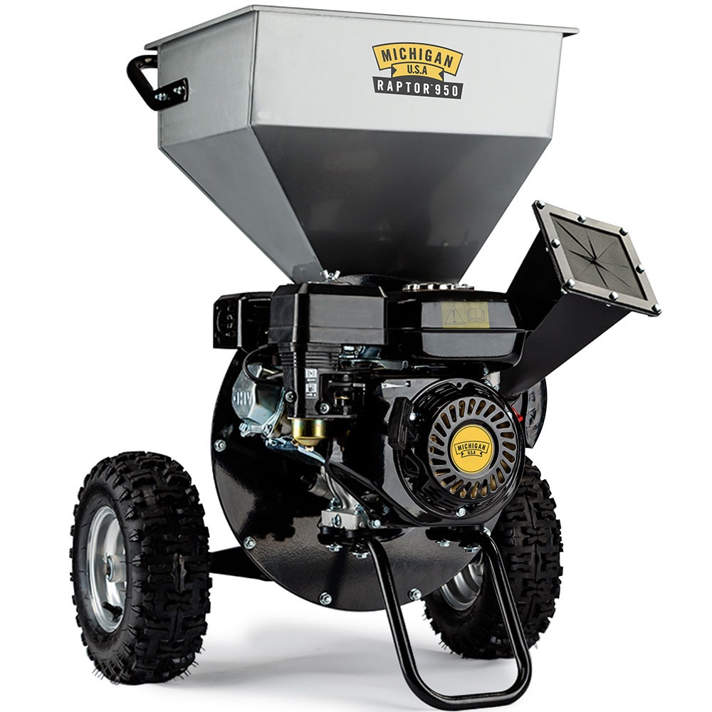 Petrol wood chipper shredder with large hopper, engine and chunky off-road wheels