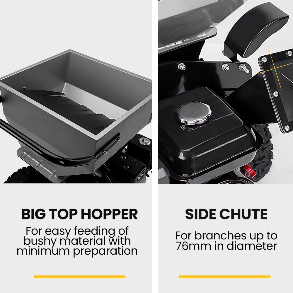 Wood chipper shredder hopper tray and side chute for feeding branches