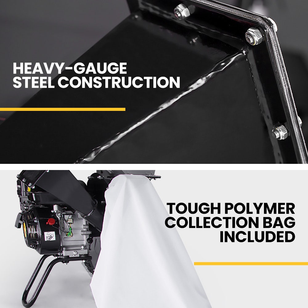 Wood chipper shredder with heavy-gauge steel hopper and included collection bag