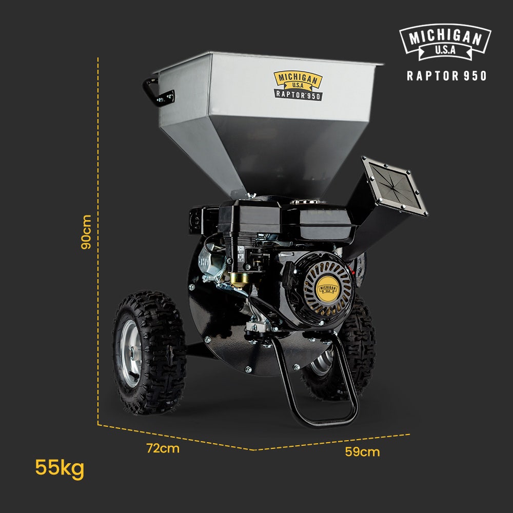 Petrol wood chipper shredder with front hopper, engine, and side discharge chute
