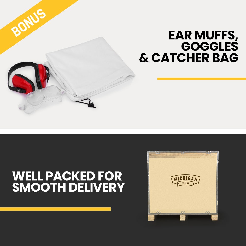 Protective ear muffs, goggles, and catcher bag included with wood chipper shredder