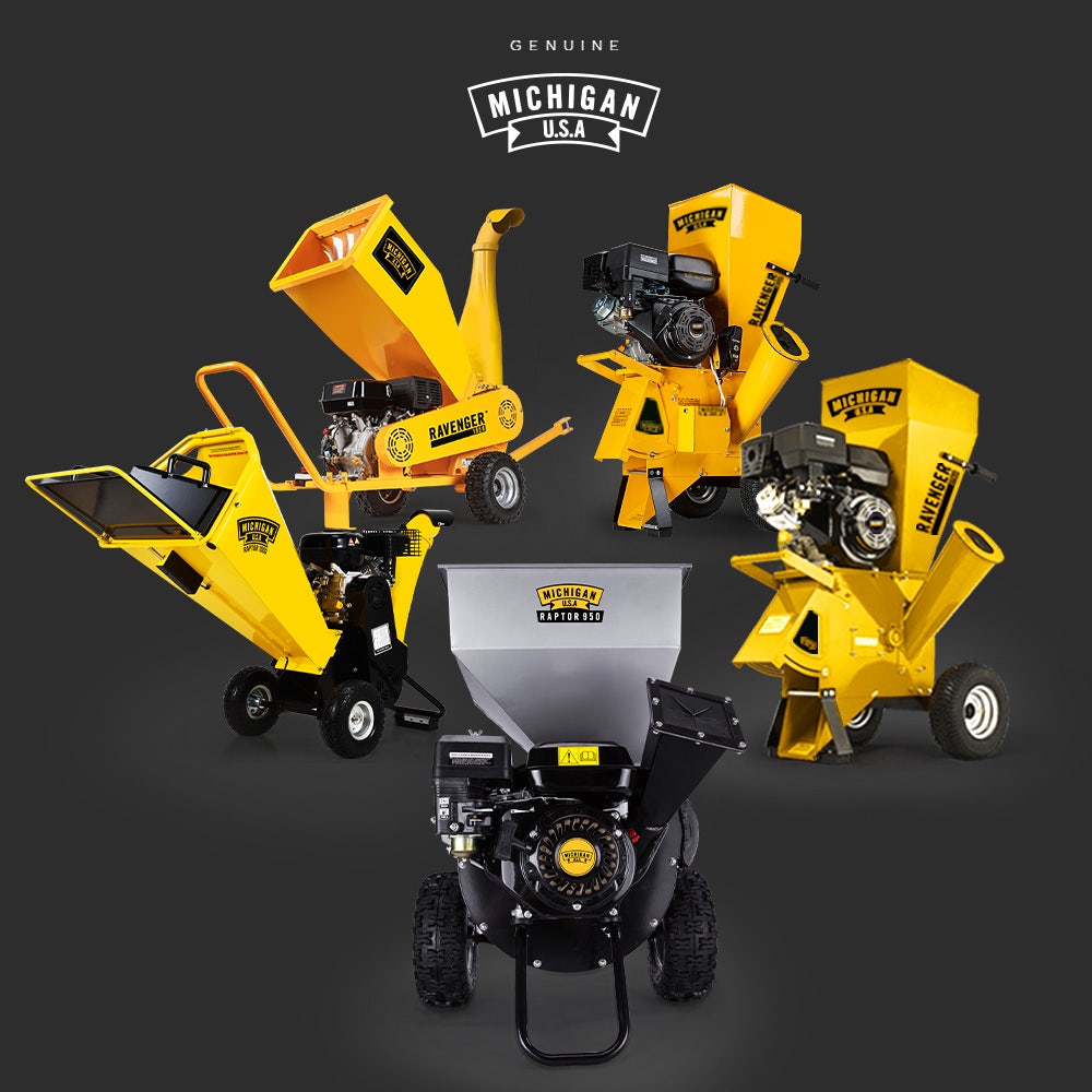 MICHIGAN Raptor wood chipper shredder lineup with multiple yellow machines