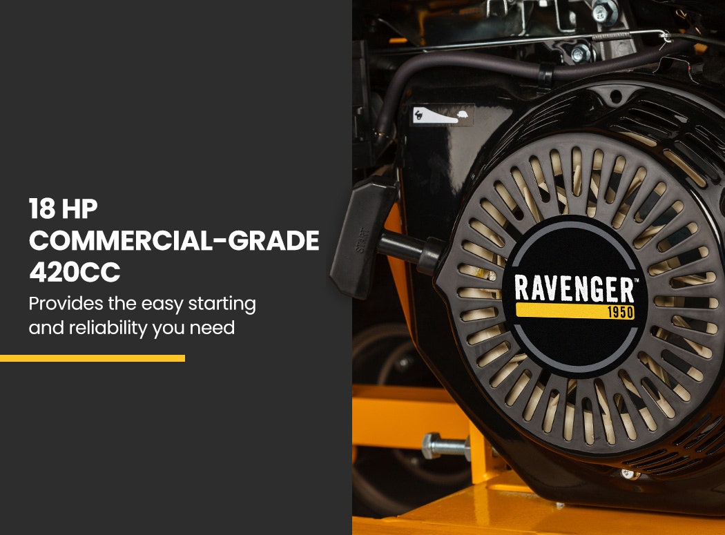 Wood chipper engine with RAVENGER 1950 fan housing and yellow body