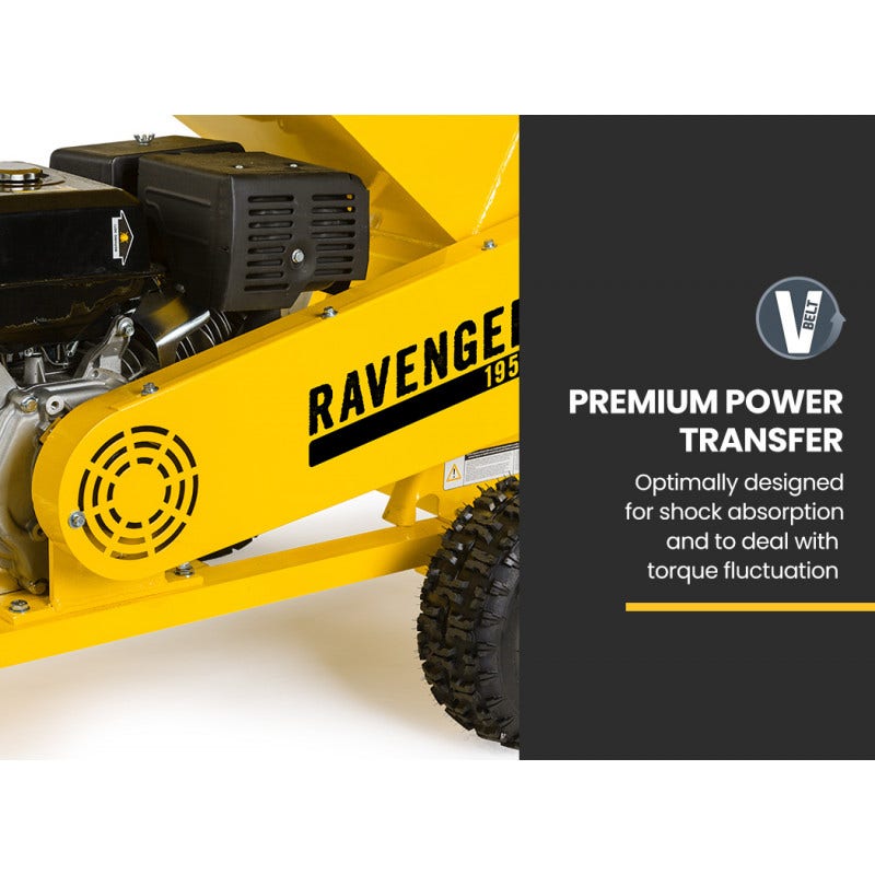 Yellow wood chipper side panel with engine housing and RAVENGER 1950 branding