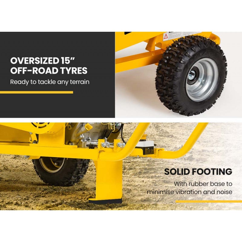 Yellow wood chipper off-road tire and tow frame with solid rubber base