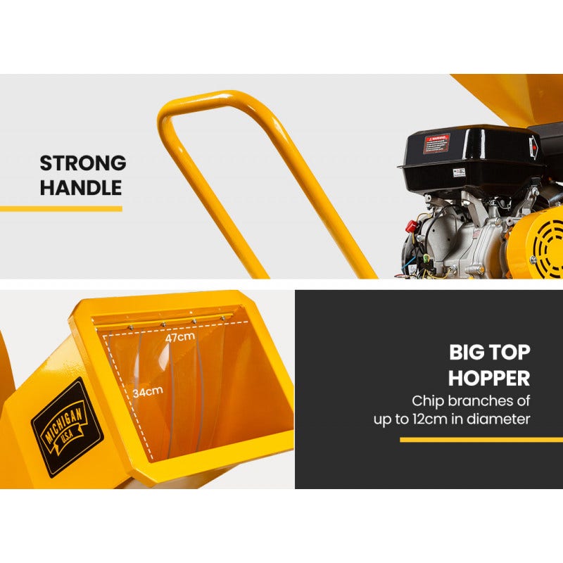 Yellow wood chipper with strong handle, open hopper, and engine housing