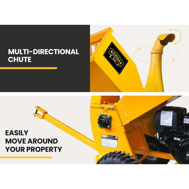 Yellow wood chipper discharge chute, engine housing, and treaded wheels
