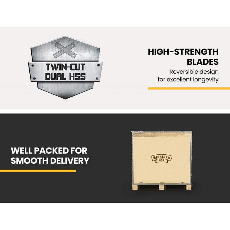 Wood chipper dual HSS blade set and packaged delivery crate with MICHIGAN logo
