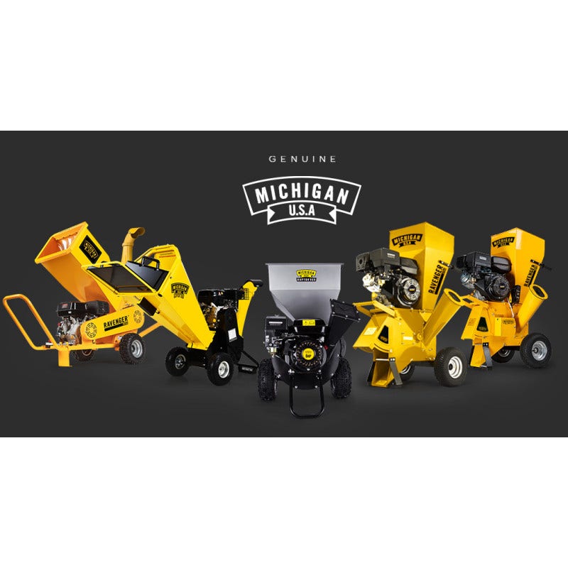 MICHIGAN wood chippers lineup of yellow machines, including RAVENGER 1950