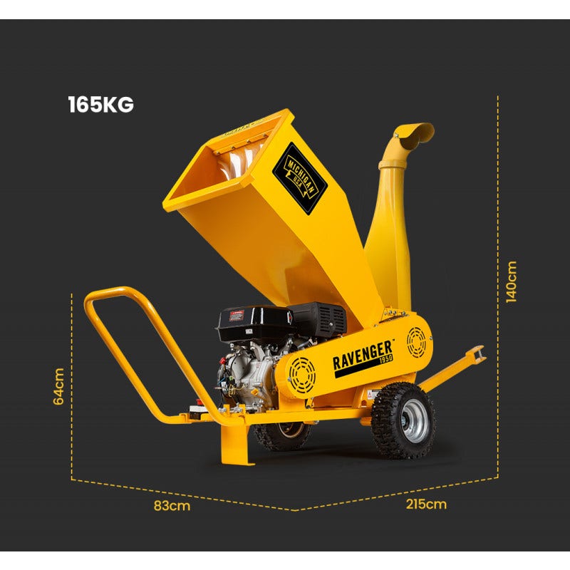 Yellow towable wood chipper with RAVENGER 1950 label and size dimensions