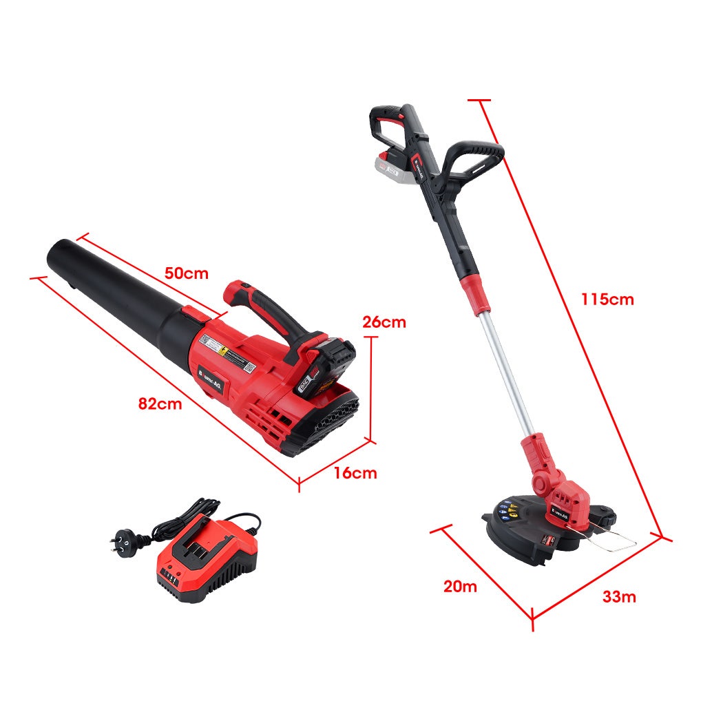 Cordless line trimmer and leaf blower with labeled measurements and battery charger