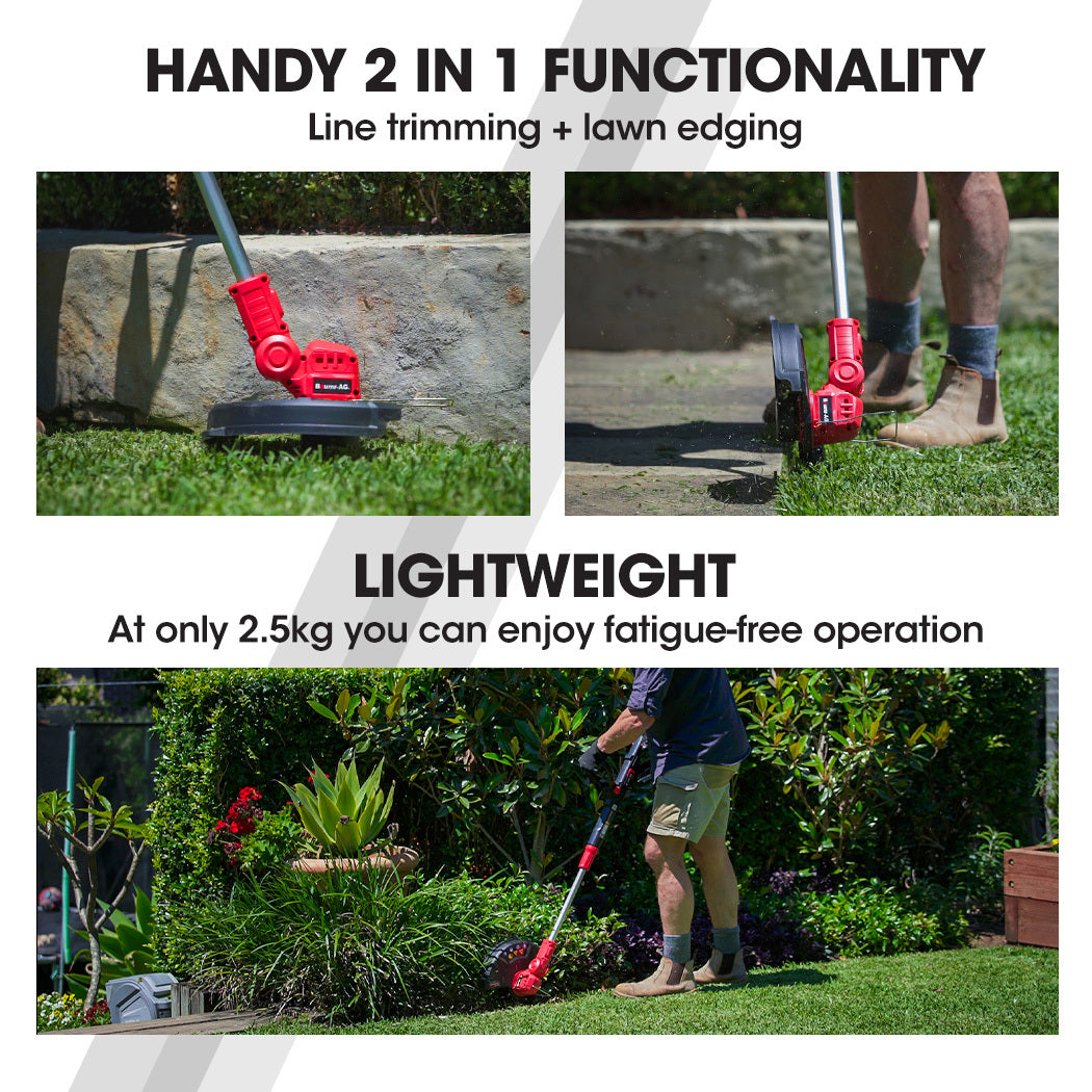 Red cordless line trimmer and edger tool with battery pack, handheld on patio