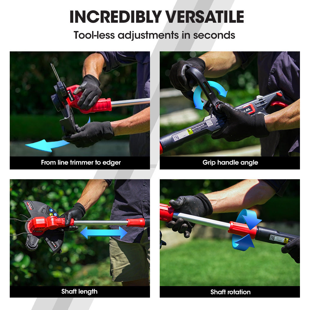 Cordless line trimmer with adjustable shaft and grip, red and black handheld close-up