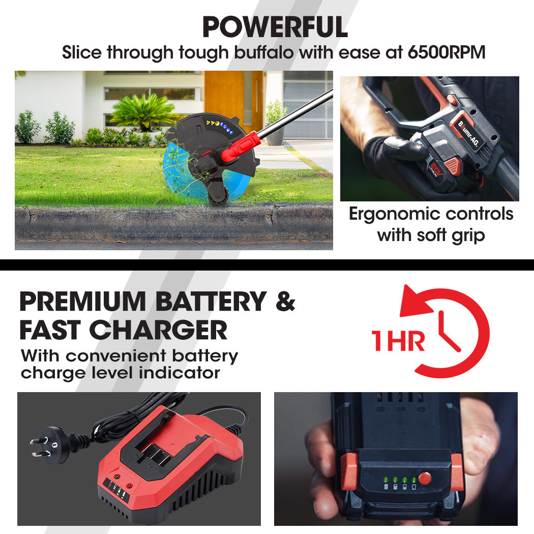 Cordless leaf blower with red battery pack and black handle, plus battery charger