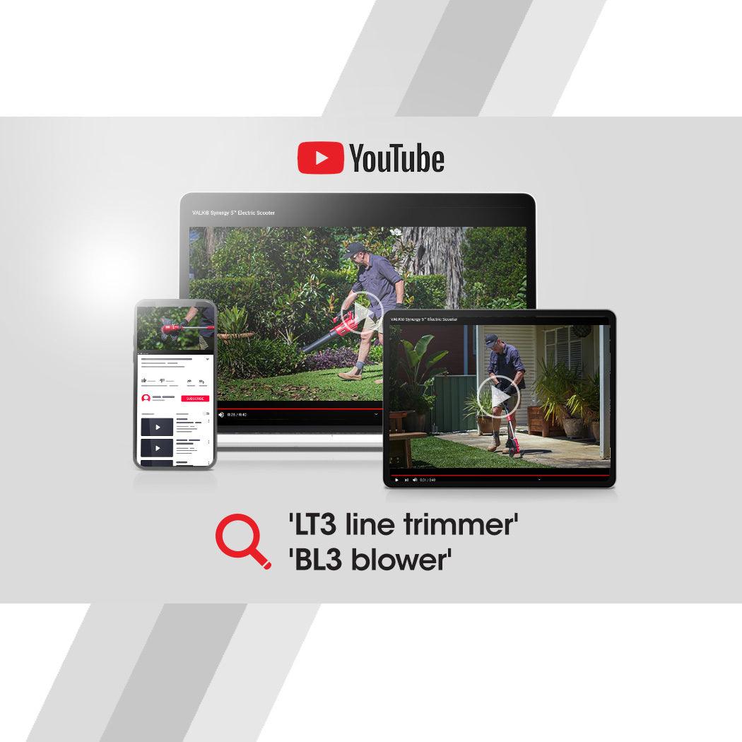 Line trimmer and blower video screens on YouTube-style display, laptop and phone