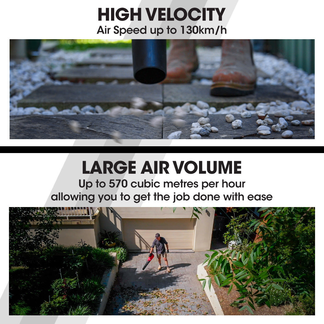 Cordless leaf blower nozzle with air outlet, handheld on patio stones