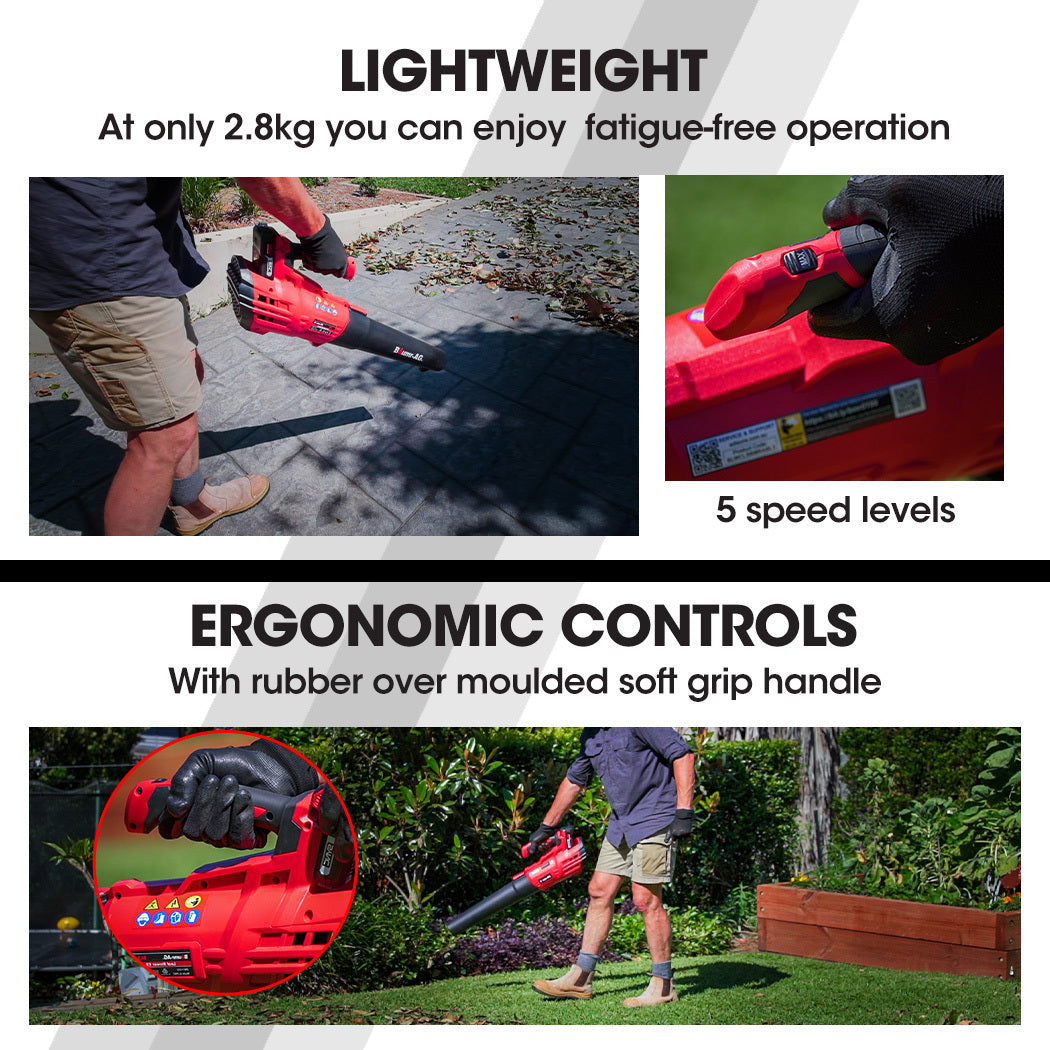 Red cordless leaf blower with soft-grip handle and speed controls, handheld on ground