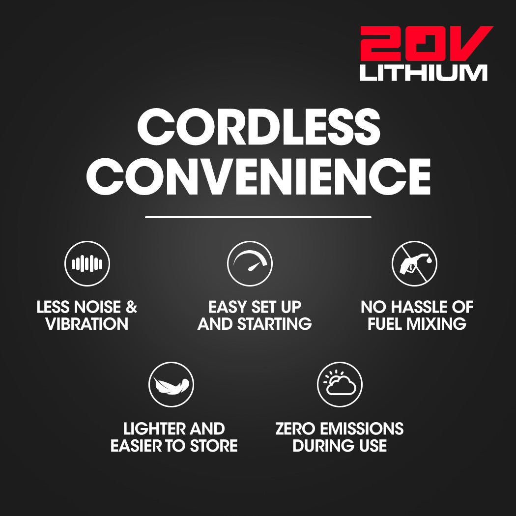 20V lithium cordless convenience infographic with icons for low vibration and zero emissions