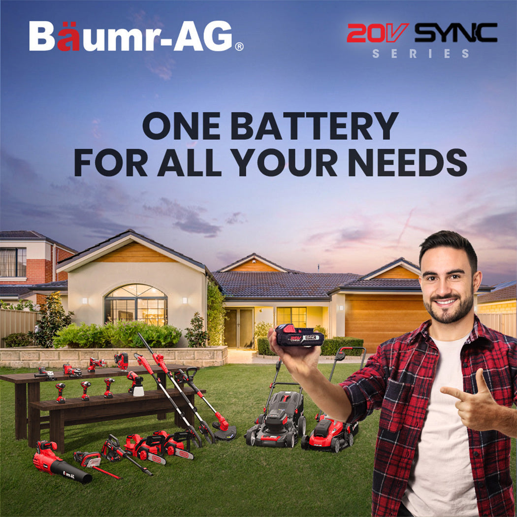 BAUMR-AG cordless 20V tools with battery system, person holding the device in a yard