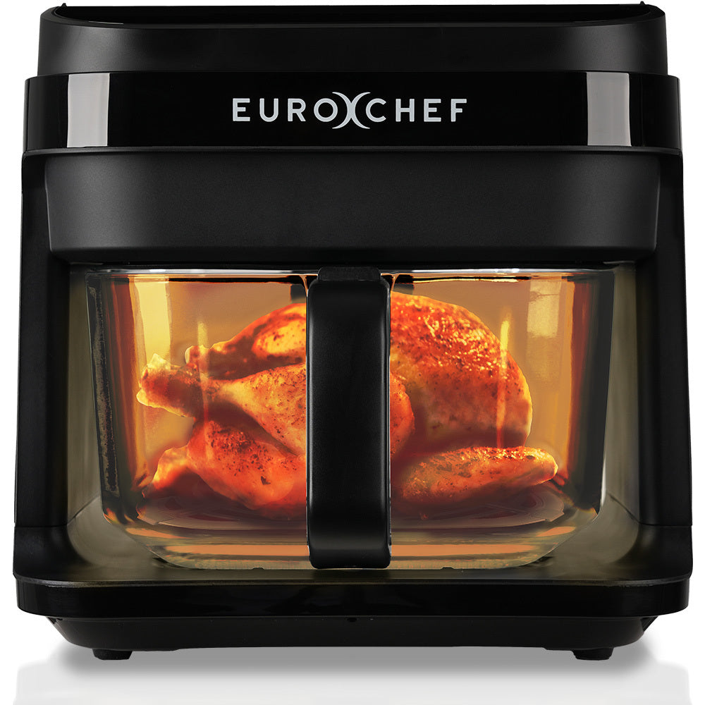 Black air fryer with glass cooking container and front handle