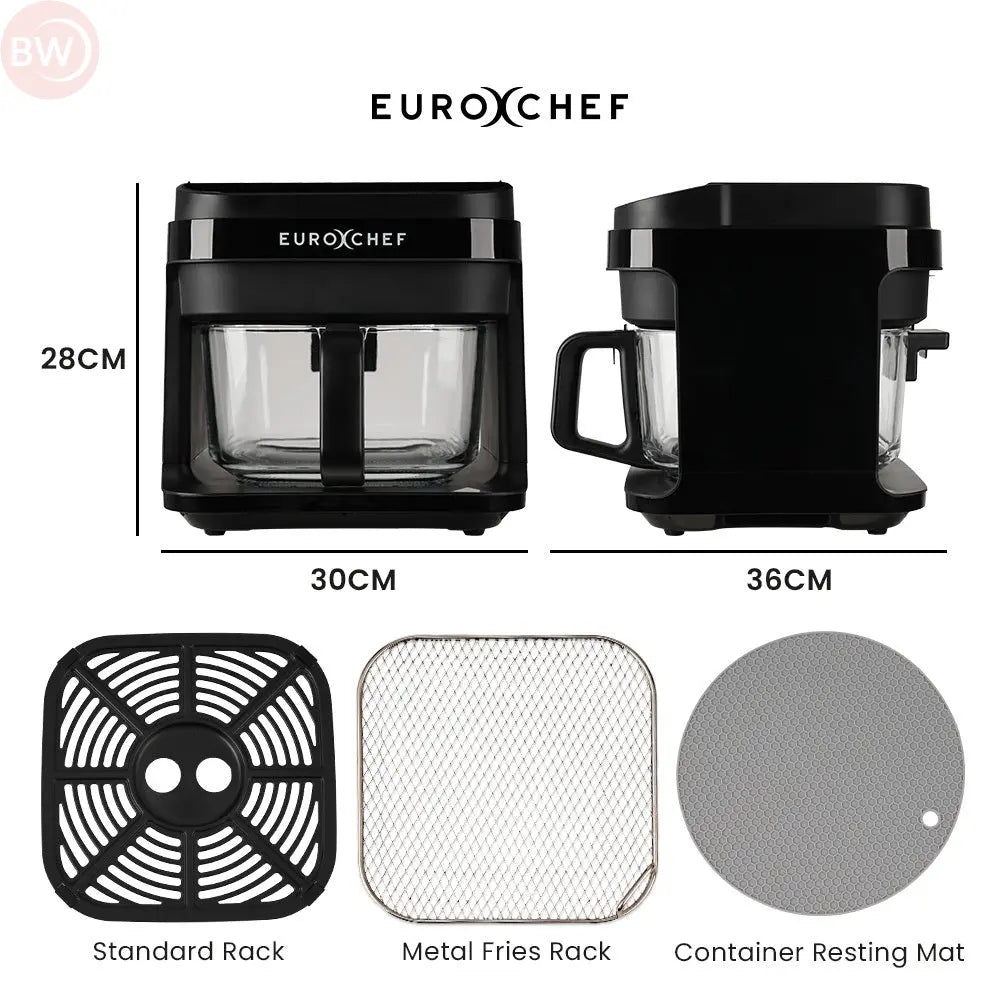 Air fryer with glass container, racks, and resting mat with size labels