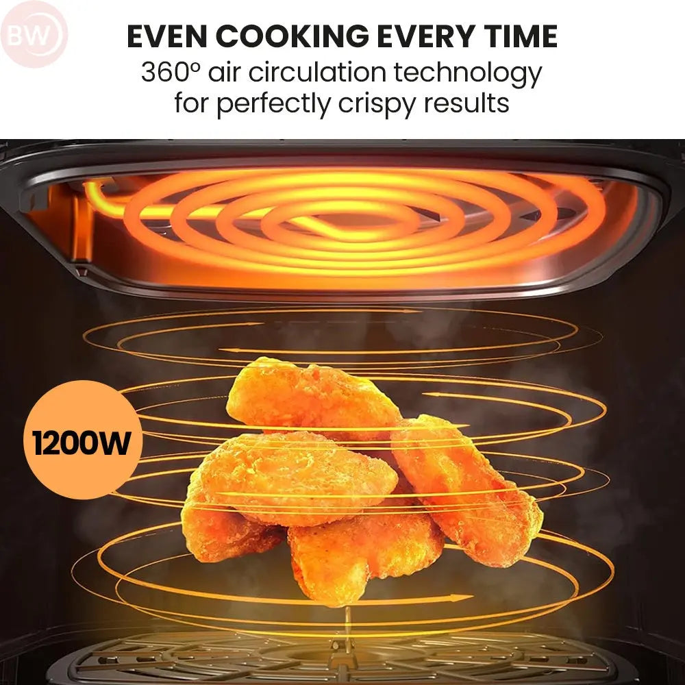 Air fryer interior with circular airflow and crispy food on tray