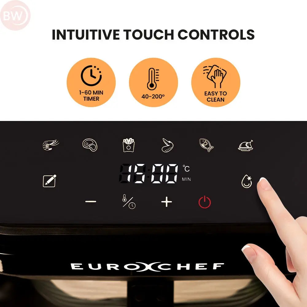Black digital air fryer control panel with touch icons and temperature display