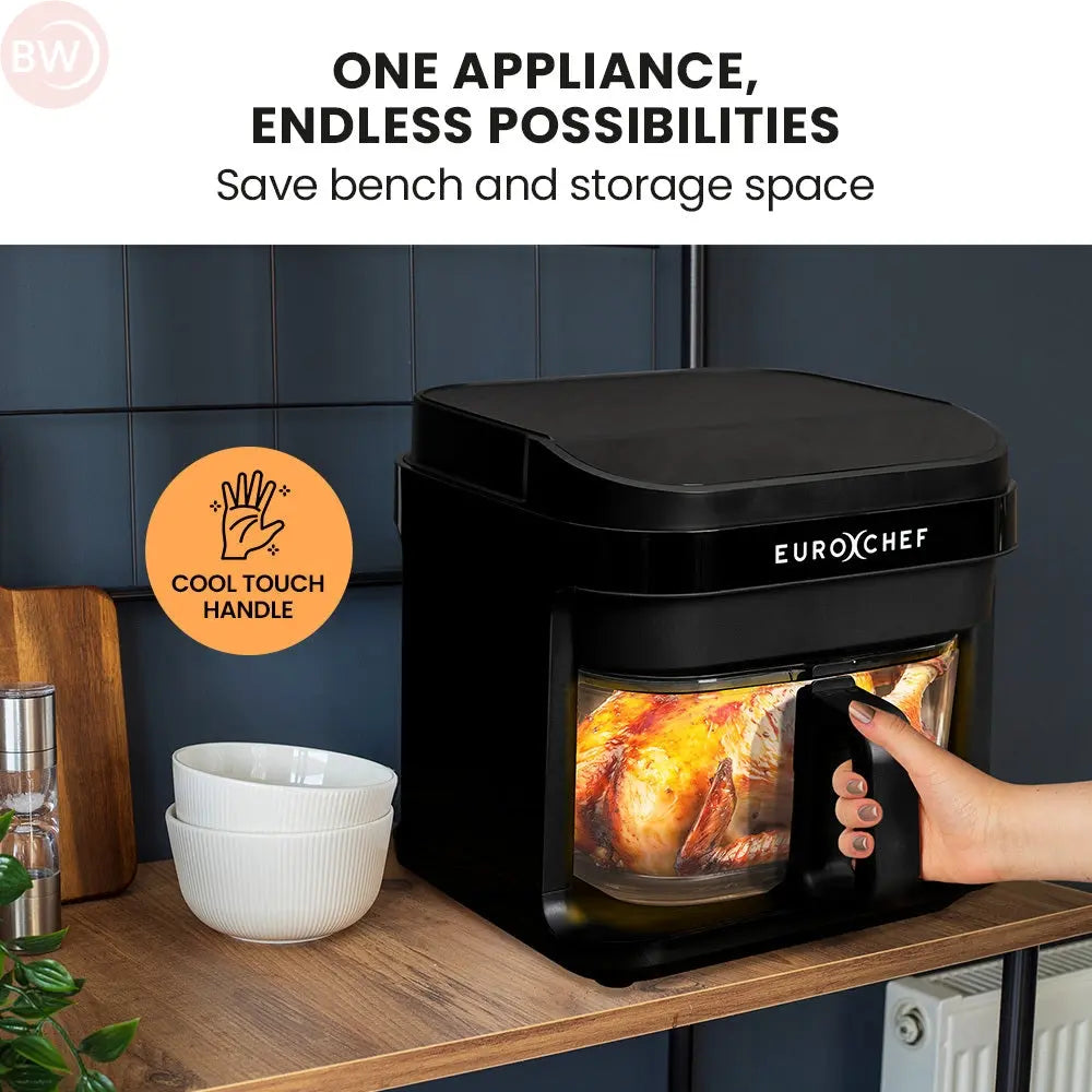 Black air fryer with cool-touch handle and front door opening