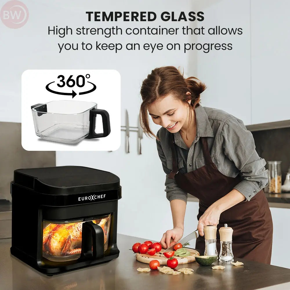 Air fryer with tempered glass container and 360° viewing icon