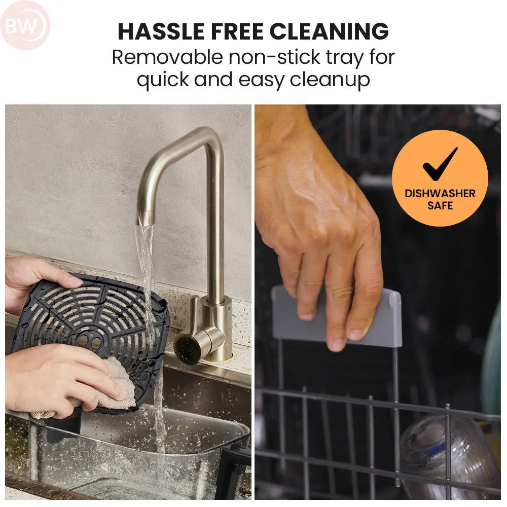 Air fryer non-stick tray being rinsed and dishwasher-safe tray handling