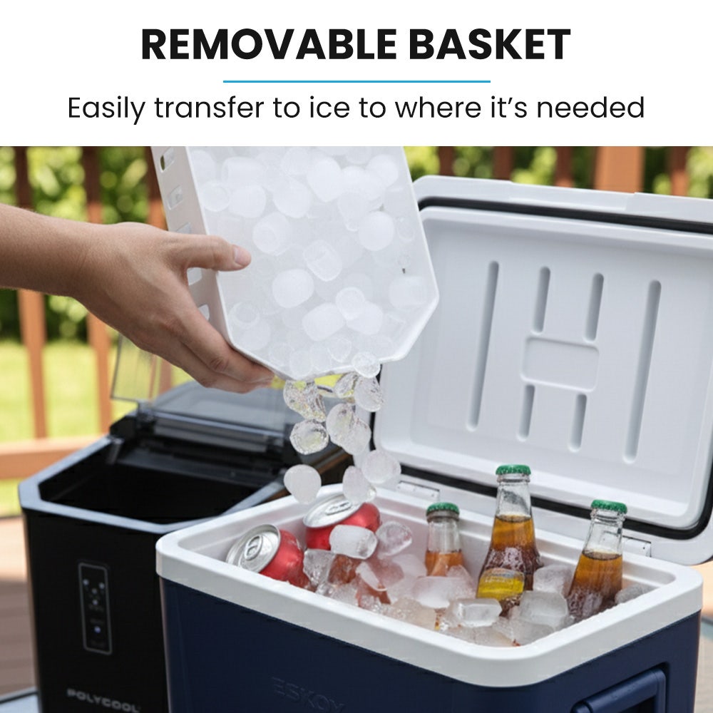 POLYCOOL Portable Ice Maker Machine, Automatic, 12kg/day,  Auto Clean, with Scoop and Removable Basket, Black