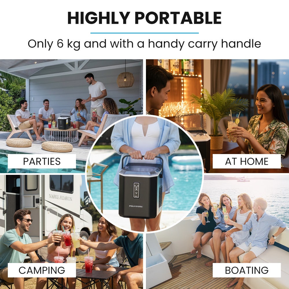 POLYCOOL Portable Ice Maker Machine, Automatic, 12kg/day,  Auto Clean, with Scoop and Removable Basket, Black