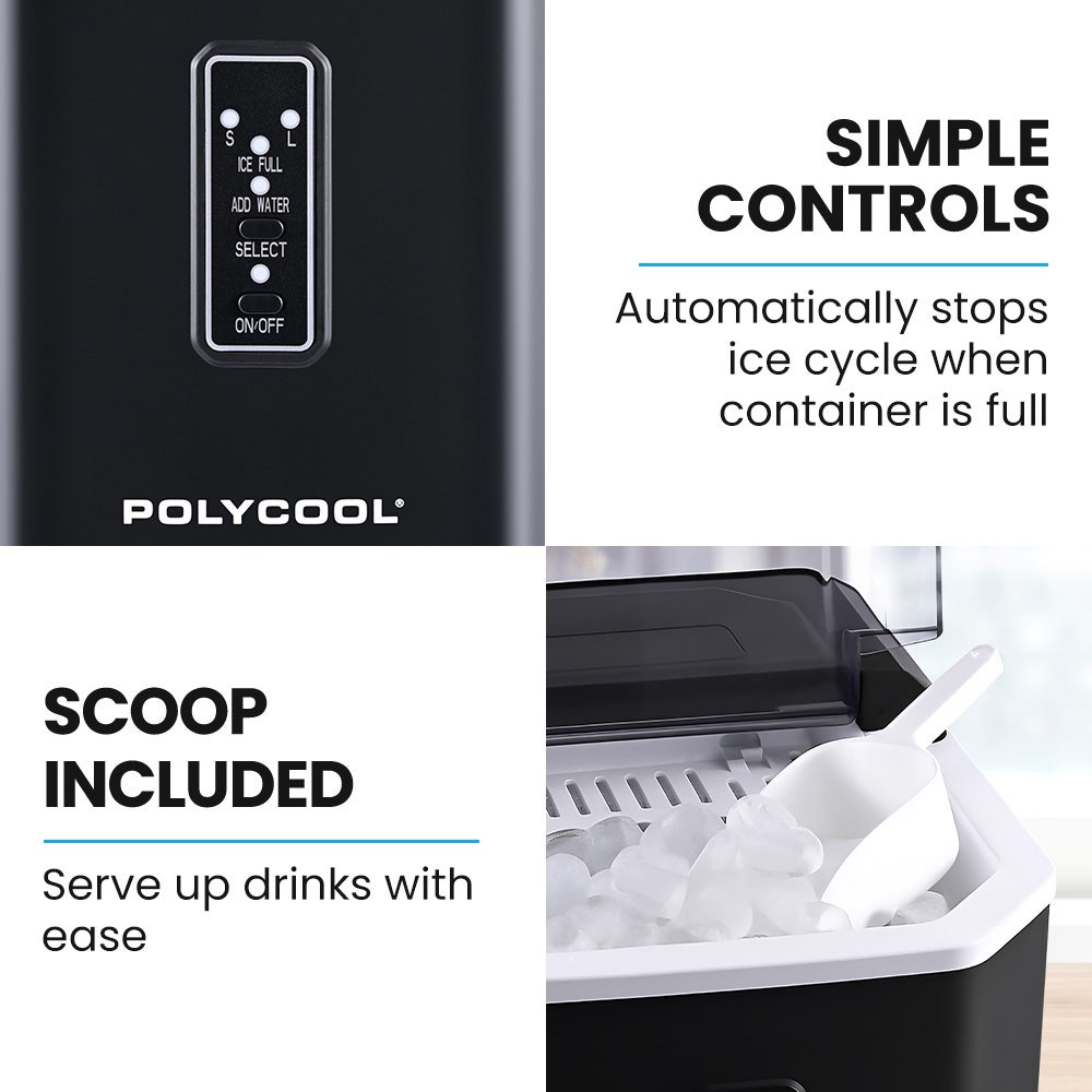 POLYCOOL Portable Ice Maker Machine, Automatic, 12kg/day,  Auto Clean, with Scoop and Removable Basket, Black