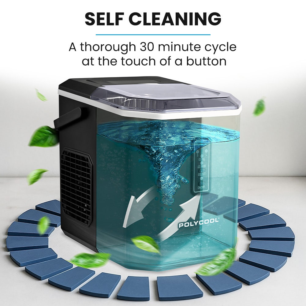POLYCOOL Portable Ice Maker Machine, Automatic, 12kg/day,  Auto Clean, with Scoop and Removable Basket, Black