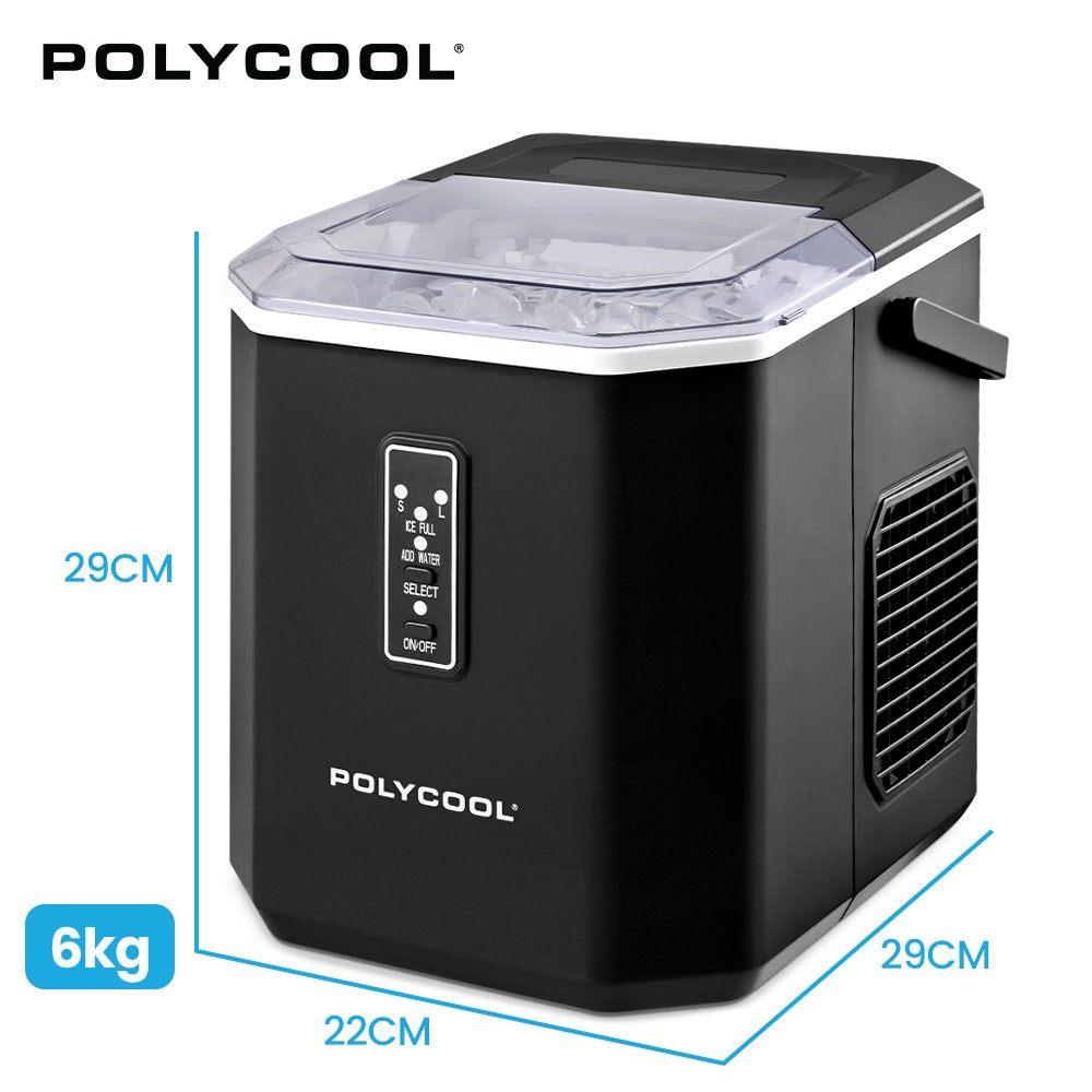 POLYCOOL Portable Ice Maker Machine, Automatic, 12kg/day,  Auto Clean, with Scoop and Removable Basket, Black