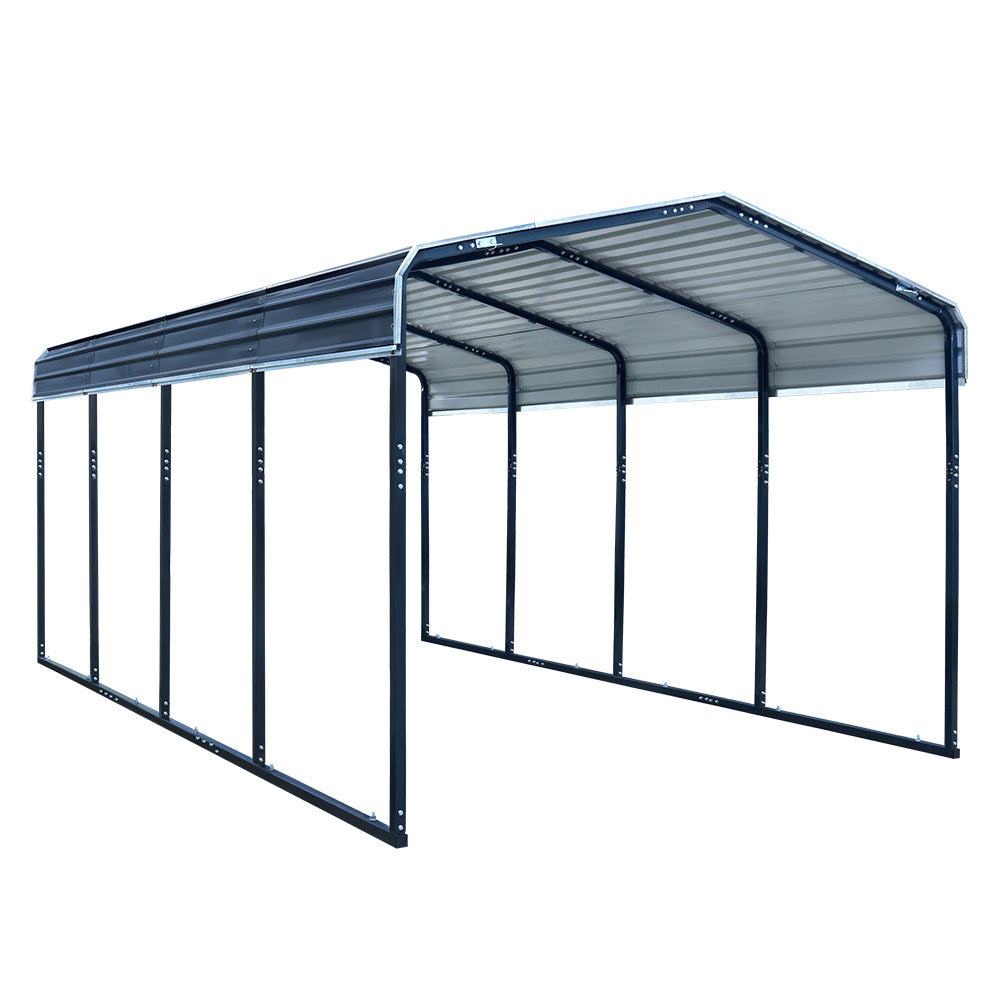Single carport shelter with arched gable roof, dark steel frame and side panels