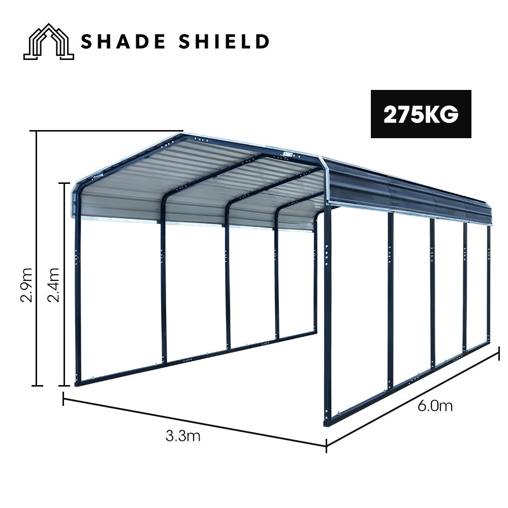 Single carport shelter with arched gable roof and steel uprights, end-to-end view