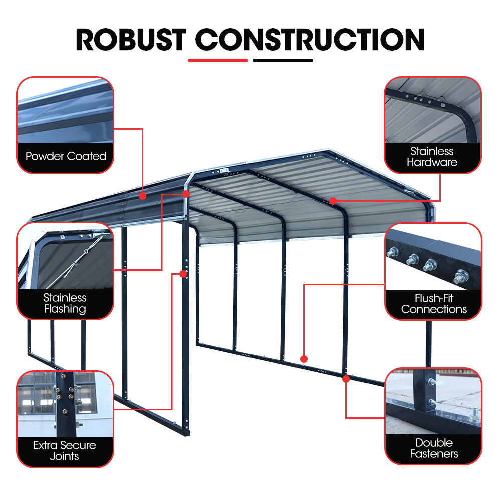 Single carport with gable roof, showing reinforced frame and fastener details