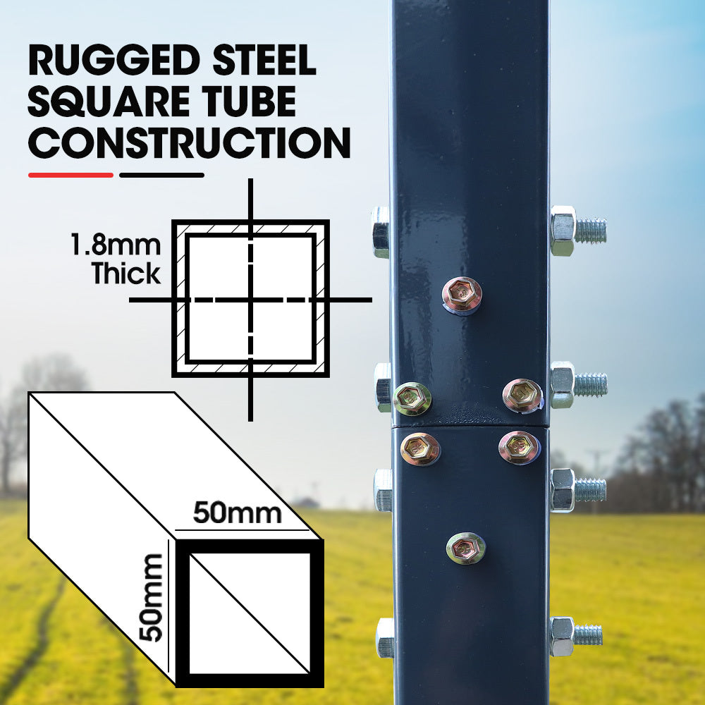 Galvanised steel square tube frame section with bolts and connecting plates