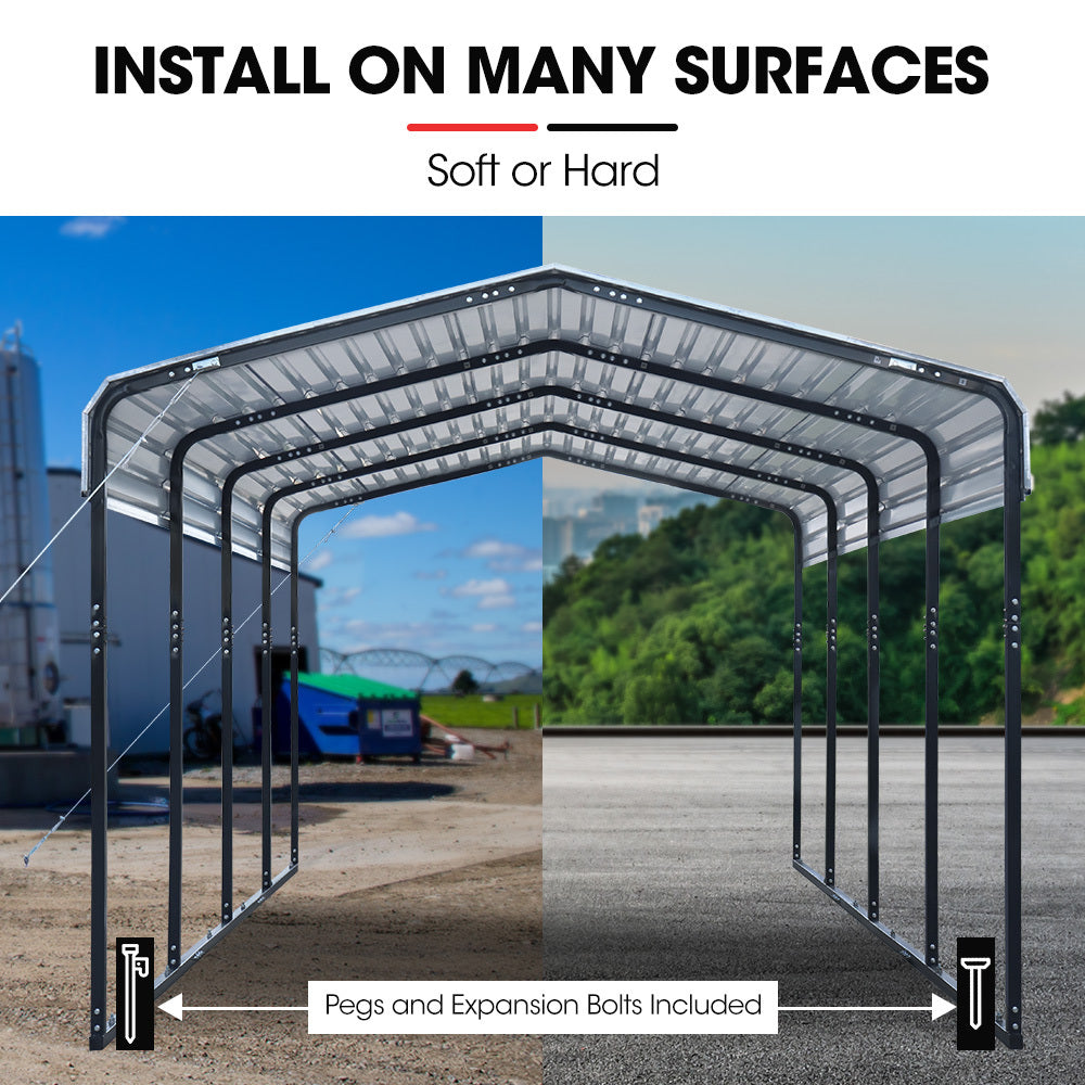 Carport shelter with gable roof and open ends, base pegs and bolts shown