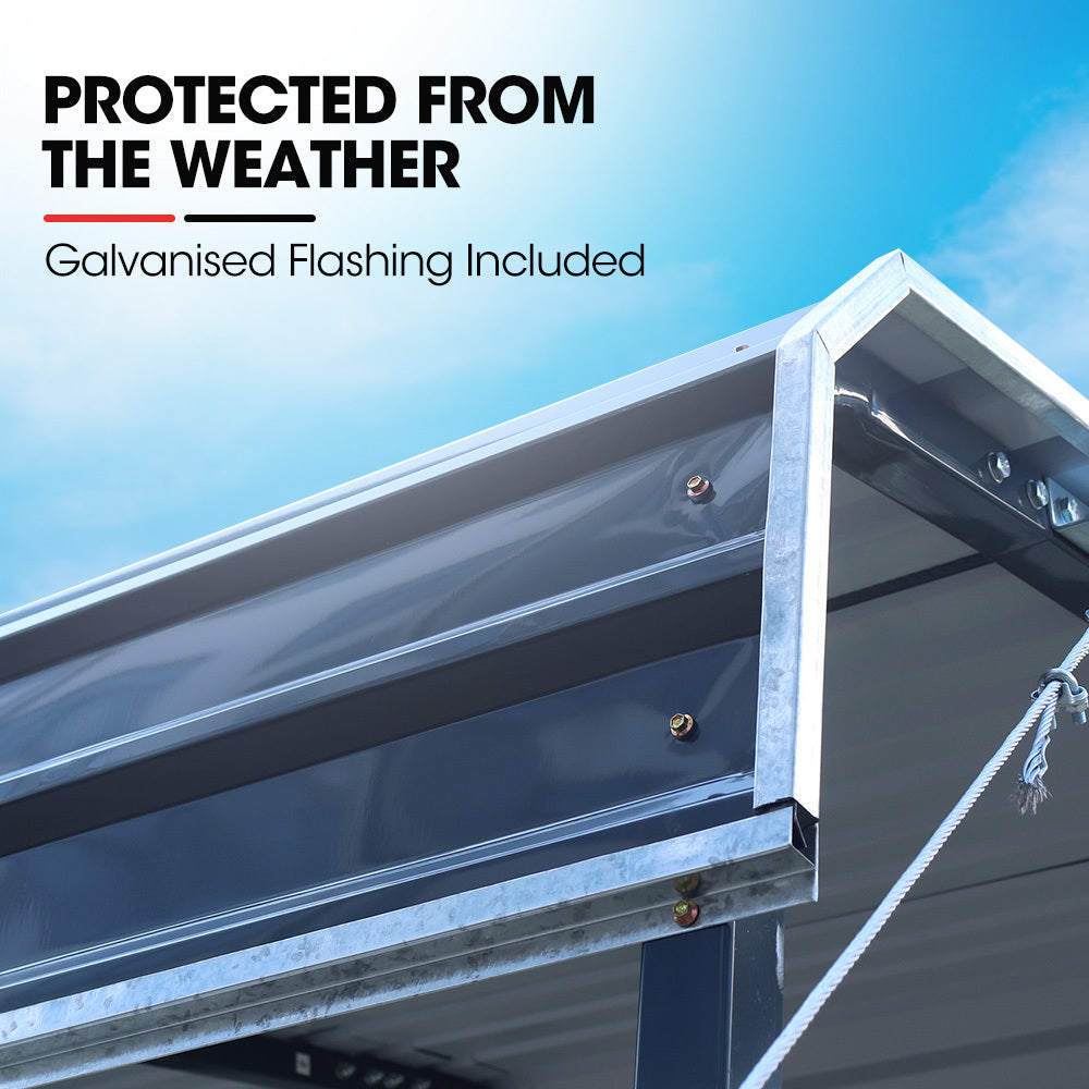 Roof edge detail with galvanised flashing on steel carport frame