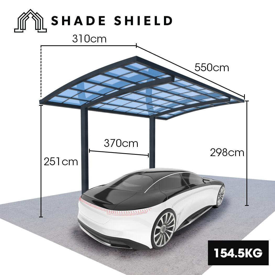 SHADE SHIELD Single Cantilever Carport 3.0m x 5.5m x 3.5m, Aluminium Alloy Frame, Polycarbonate Roof, Shelter for Car or Outdoor Living
